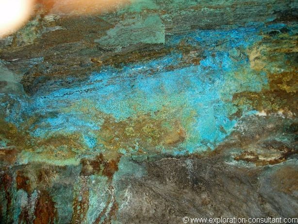 Close-up view of secondary copper minerals that formed in the shaft. 